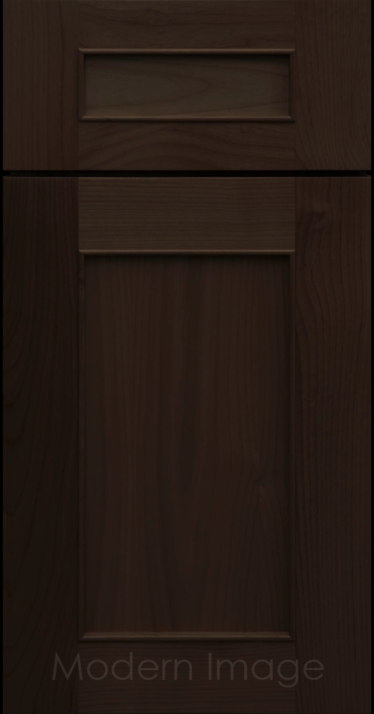 Detail view of a Chandler Shaker cabinet door in Chocolate stain with raised molding along the inner panel.